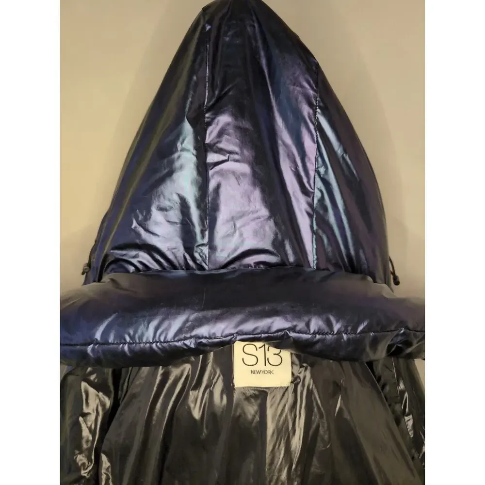 S13 NY blue metallic satin space Y2K futuristic Kylie puffer jacket - Picture 10 of 14